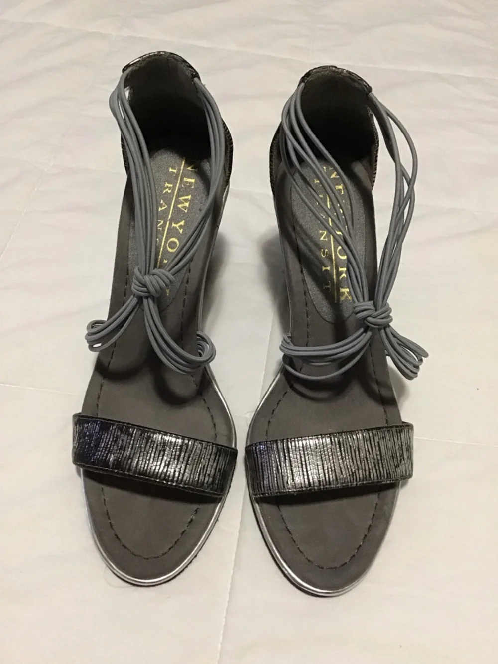 New York Transit Metallic Gray Strappy Wedge Sandals Size 8